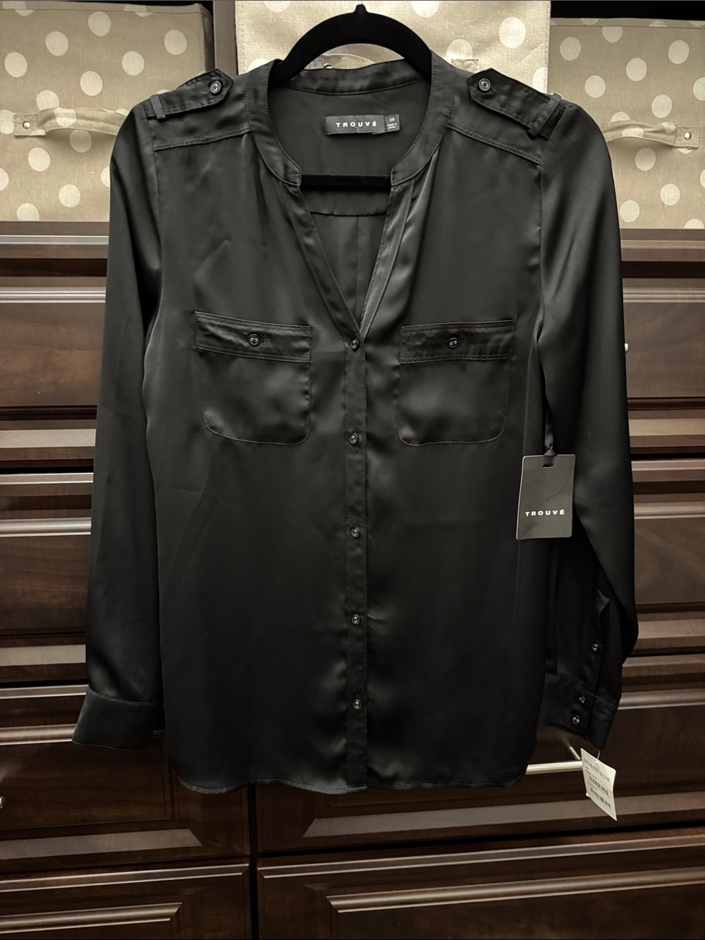 Trouve Black Satin Button-Front Utility Blouse